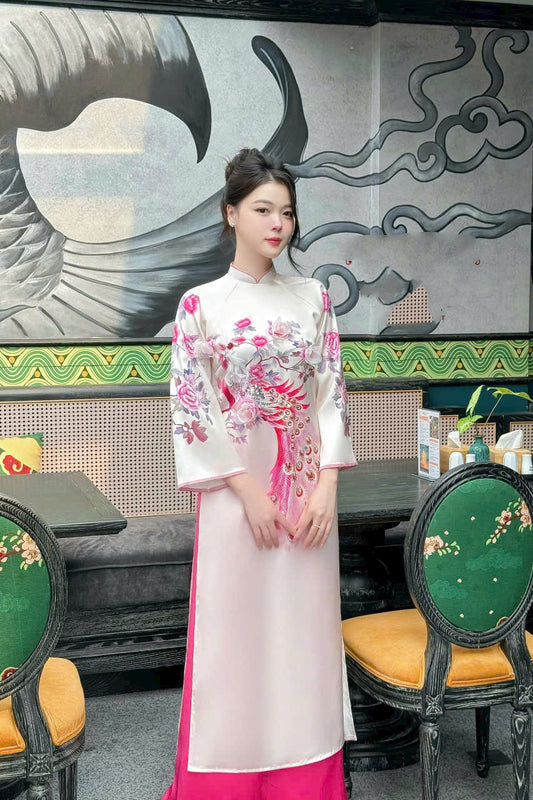 TN63 Áo only no pants - Áo dài dáng suông lụa ngọc trai 3D đính kết công