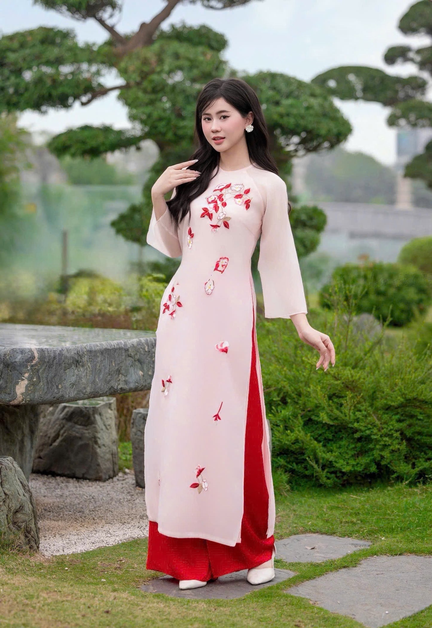 TN91 5012 Áo only no pants - Áo dài dáng suông tơ thêu 4 tà