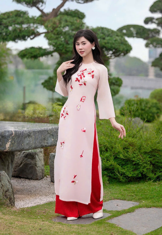 TN91 5012 Áo only no pants - Áo dài dáng suông tơ thêu 4 tà