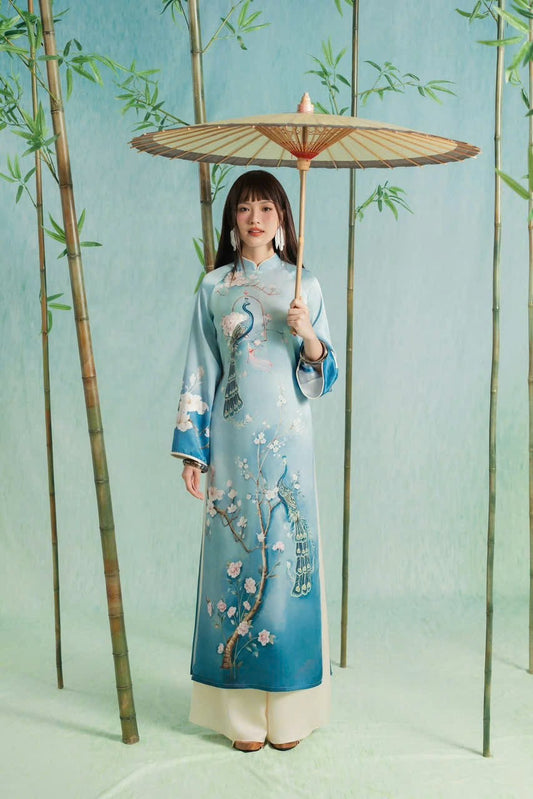 M180 Áo xanh biển + quần trắng - Áo dài cách tân hà cúc