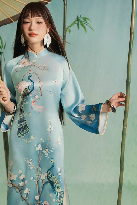 M180 Áo xanh biển + quần trắng - Áo dài cách tân hà cúc