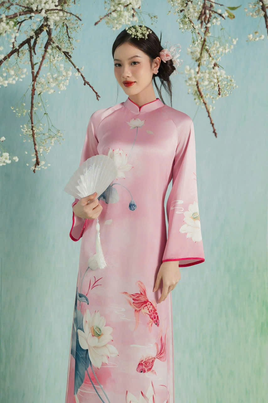 M181 Áo hồng phấn + quần hồng sen - Áo dài cách tân hà cúc