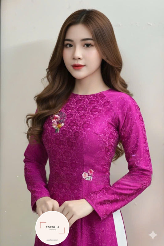 T600 1314 Áo only - Áo dài lụa hoa trà màu hồng sen