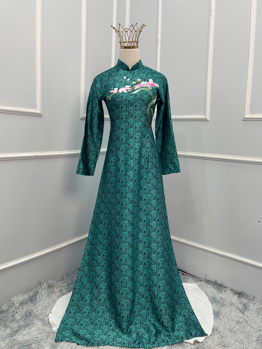 HD103 - Áo dài Lụa hà đông cao cấp thêu hoa xanh cổ vịt