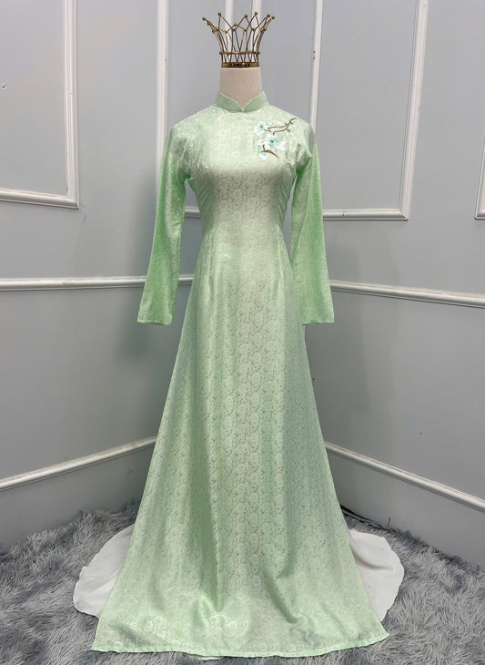 HD104 - Áo dài Lụa hà đông cao cấp thêu hoa xanh ngọc