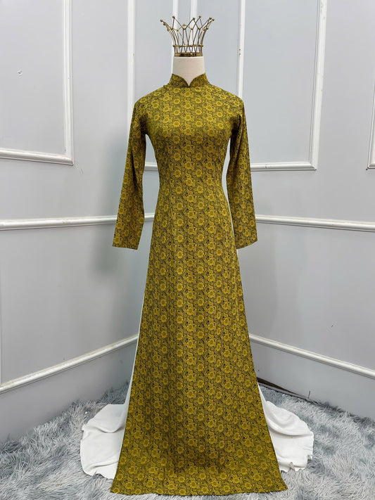 H115 -Áo dài Lụa hoa trà màu vàng đồng