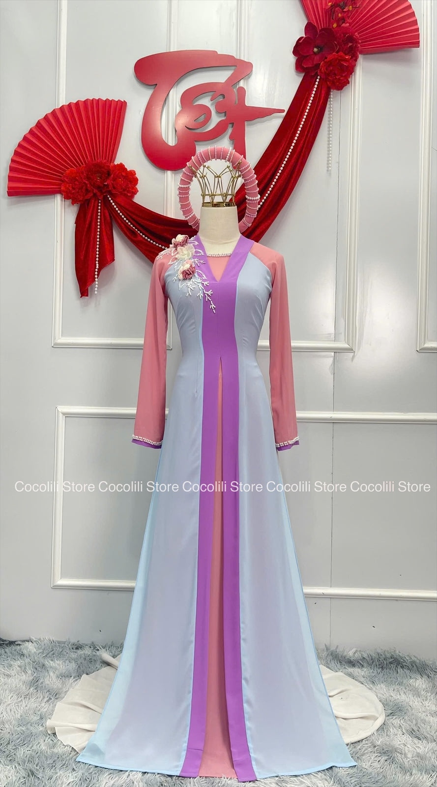 TT3 Áo + quần + mấn - Áo dài tứ thân màu xanh thiên thanh