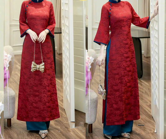 CT74 Áo + quần - Áo dài cách tân dáng suông gấm đỏ đô phối cổ đính cúc