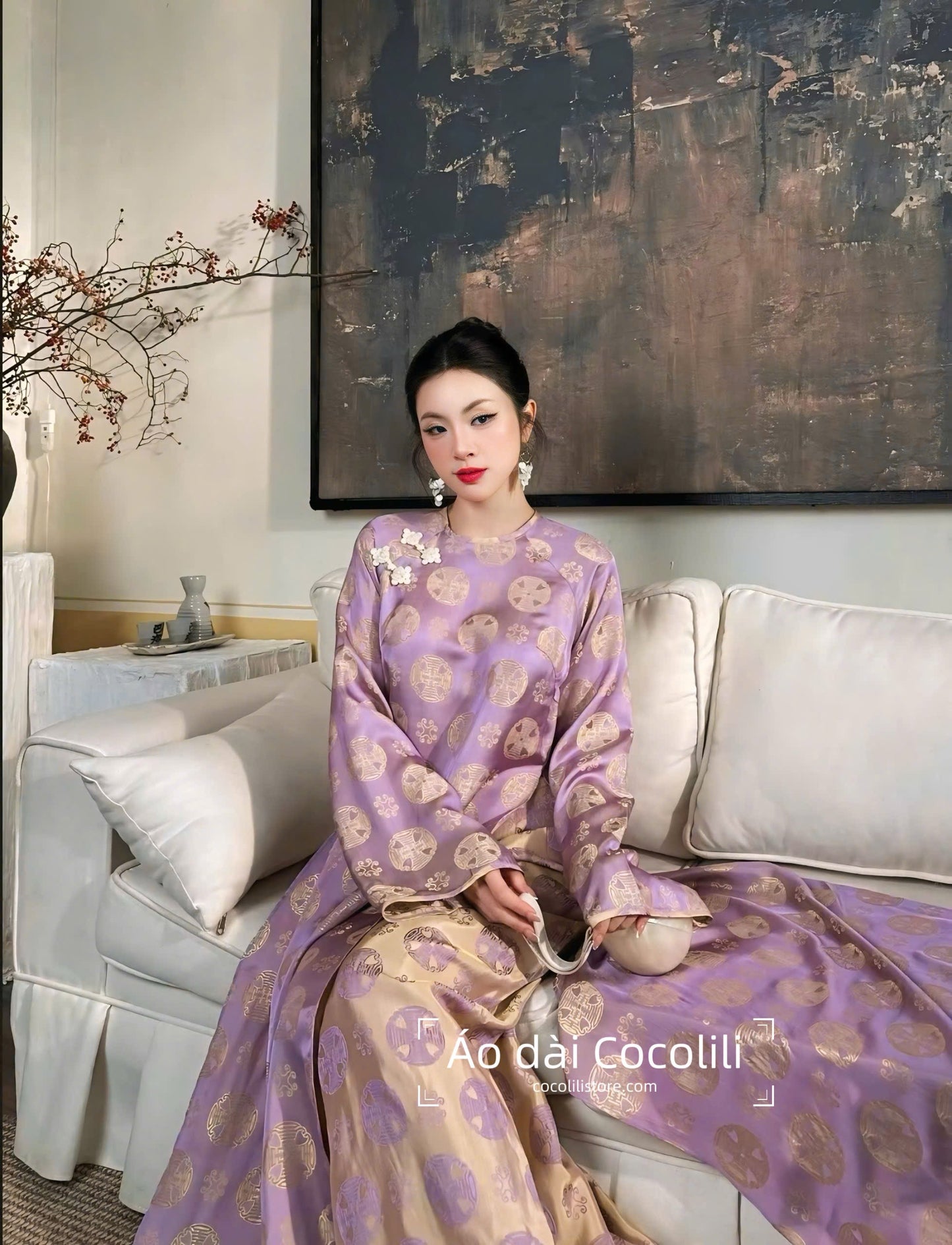 M419 3322 Áo + quần cùng chất - Áo dài dáng suông lụa silk óng vạn hỷ màu tím nhạt