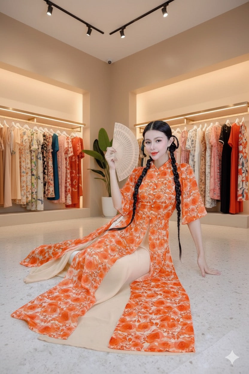 AD1680 Áo only - Áo dài tứ thân hoa đá 3 tà