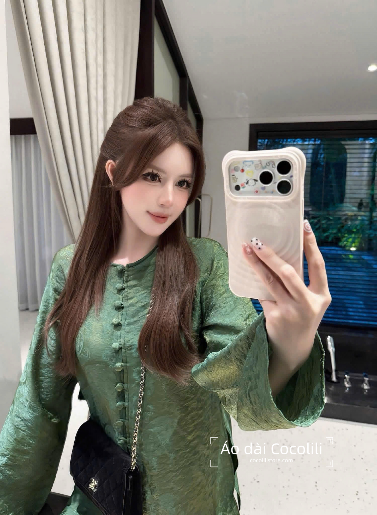 BB69 3491 - Set bà ba tằm tencel ánh kim thọ dơi màu xanh lá