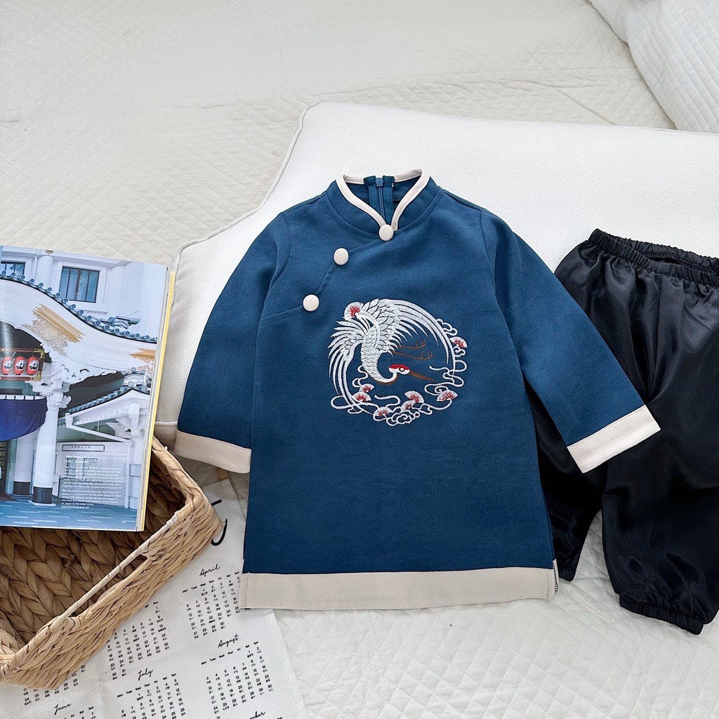 BT103 Áo only no pants - Áo dài bé trai nhung tăm thêu màu xanh than