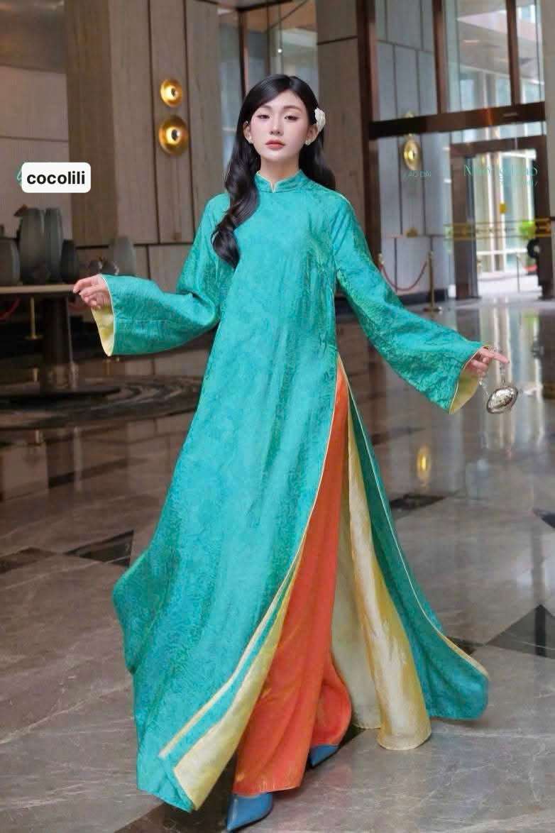 H478 1927 Áo + quần lụa mỹ - Áo dài dáng suông 4 tà tằm ánh kim màu xanh lý