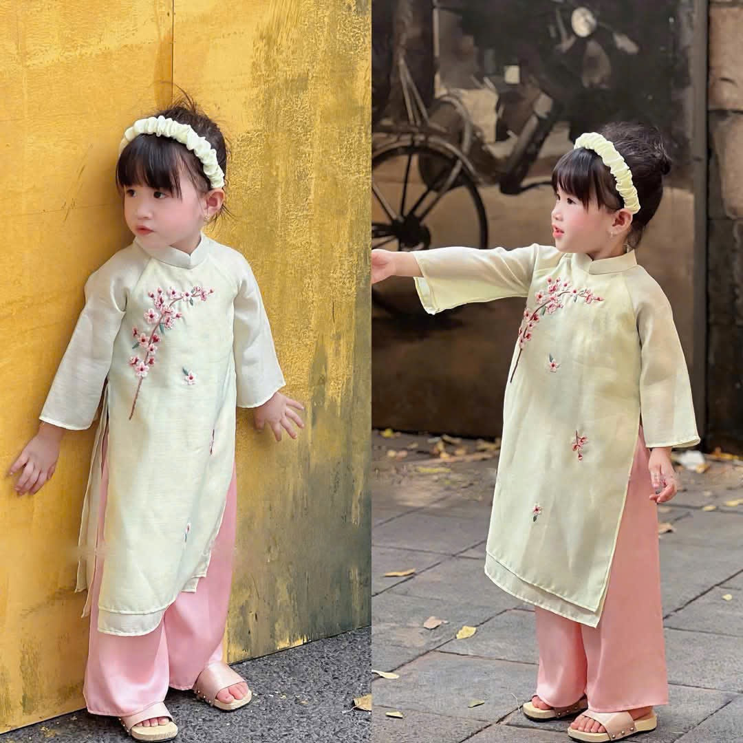 BG119 Áo + quần - Áo dài bé gái tơ thêu 4 tà