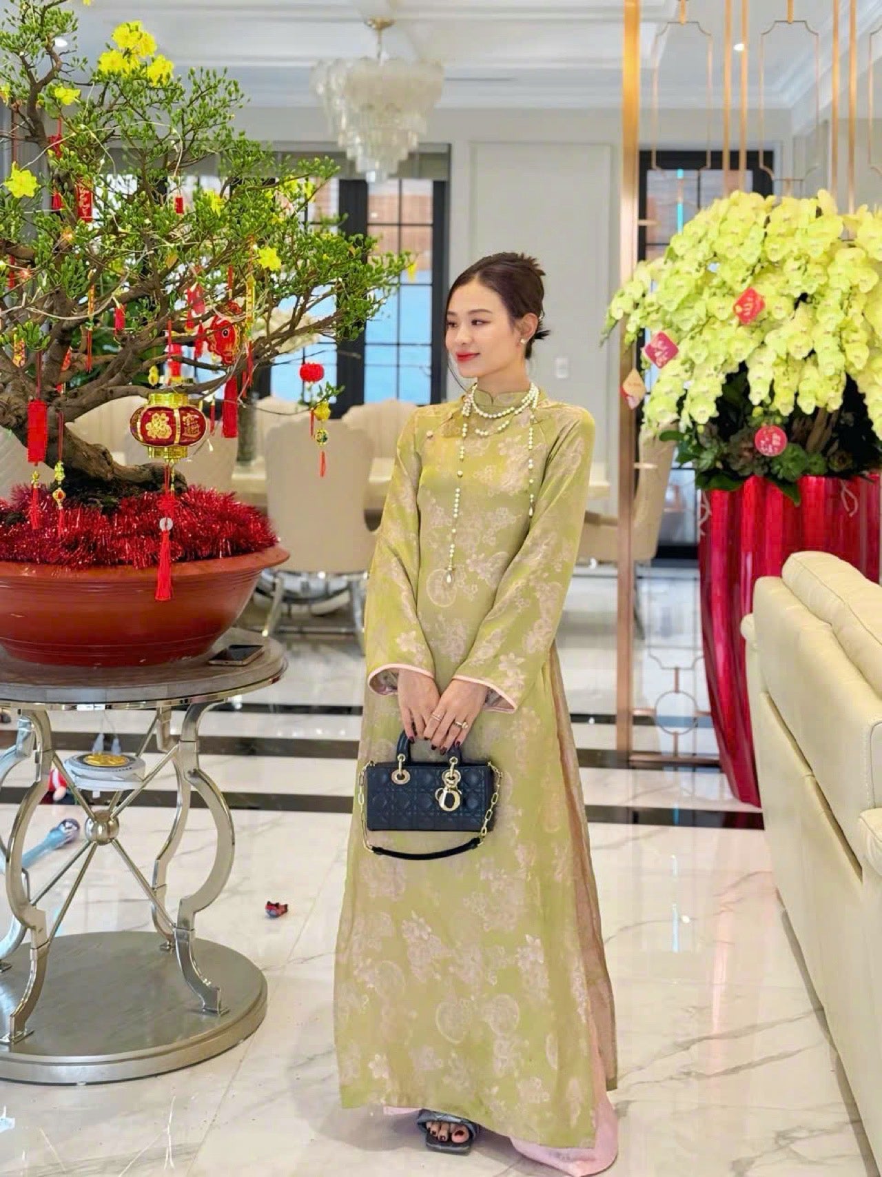 M195 áo + quần cùng chất - Áo dài dáng suông lụa gấm tơ tằm màu cốm