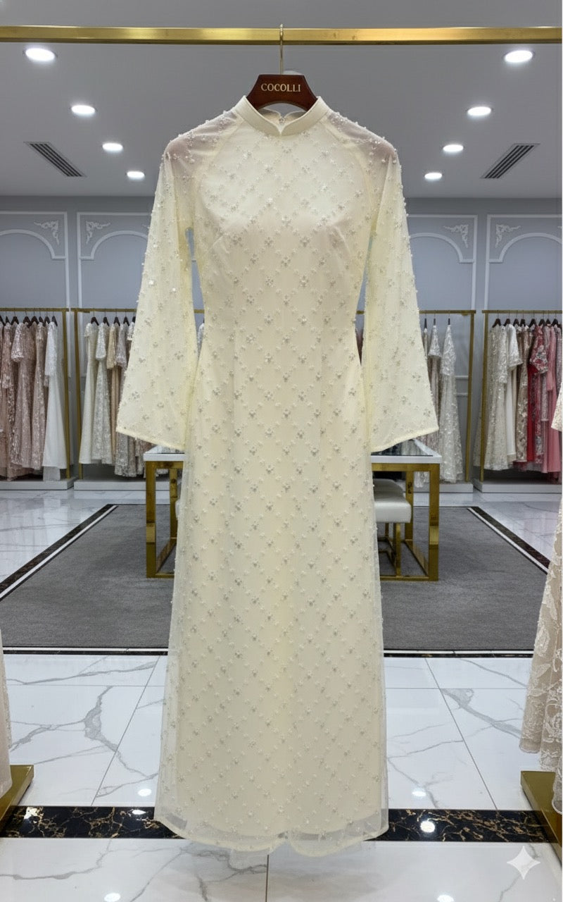 H199 H200 1339 - Áo dài lụa tơ voan đính ngọc