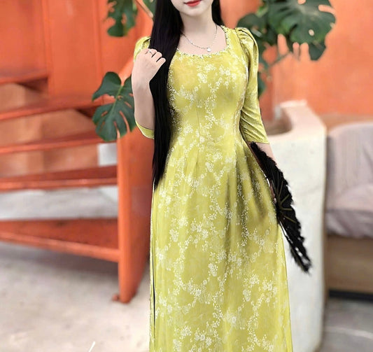 H266 1412 Áo only - Áo dài xanh cốm cổ vuông tay bồng