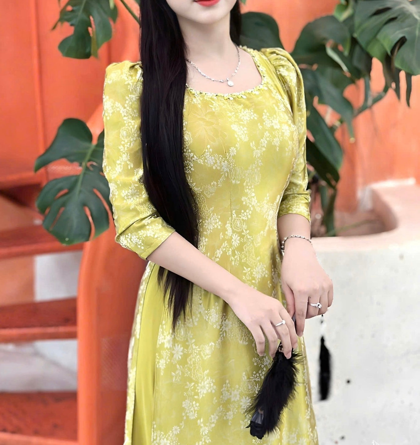 H266 1412 Áo only - Áo dài xanh cốm cổ vuông tay bồng