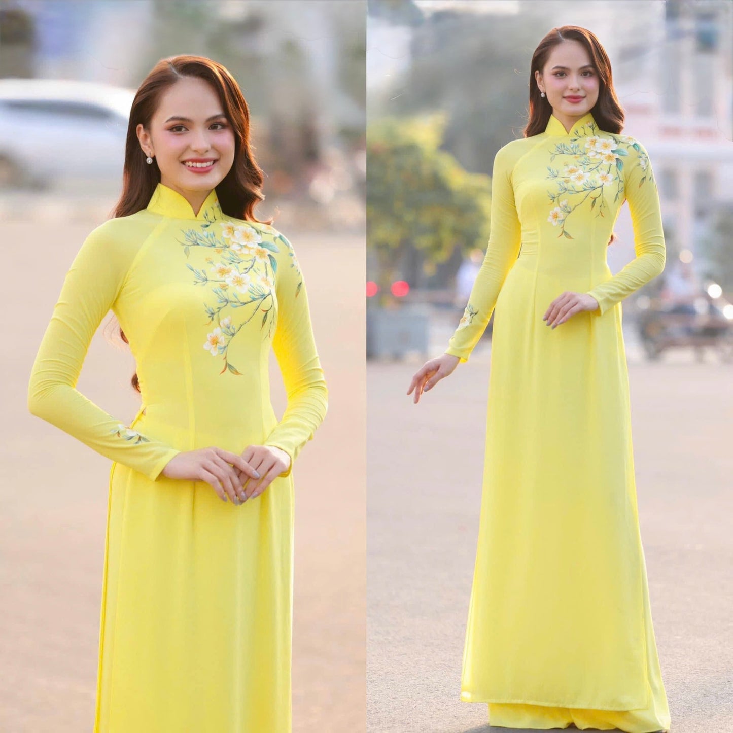 C103 6454 Áo only no pants - Áo dài truyền thống chiết eo chiffon 4 tà vàng thêu