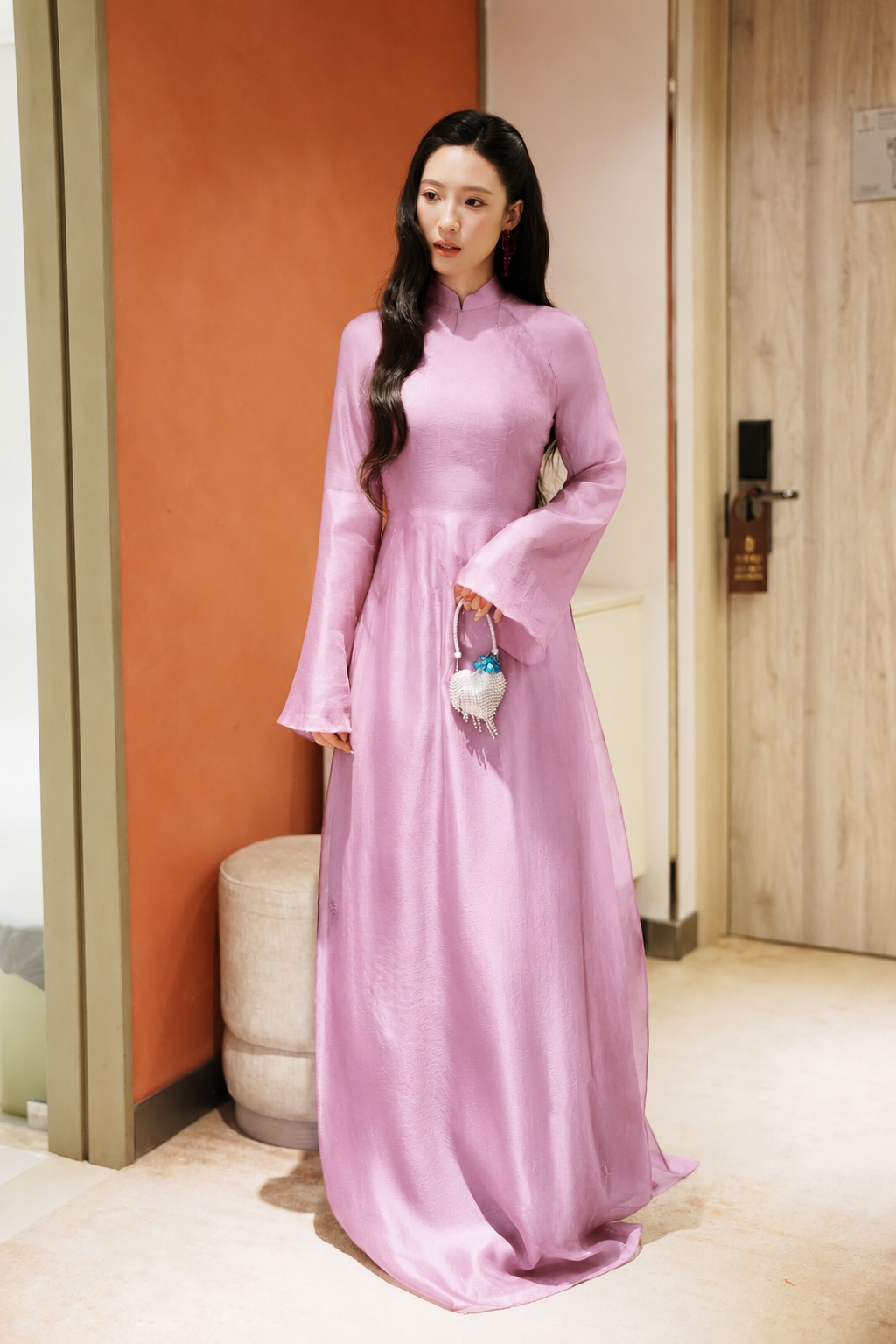 K363 6429 Áo only no pants - Áo dài chiết eo 4 tà tơ crep màu tím cà