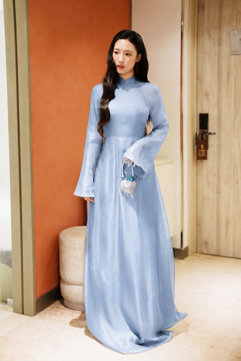 K362 6430 Áo only no pants - Áo dài chiết eo 4 tà tơ crep màu xanh blue
