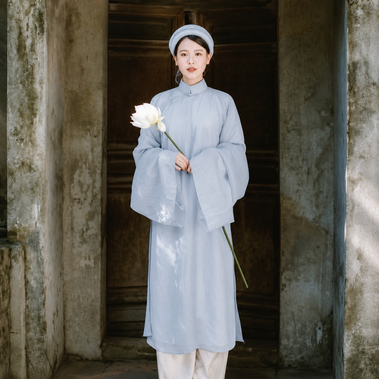 K359 6423 Áo only no pants - Áo dài truyền thống cổ phục tơ crep màu xanh blue