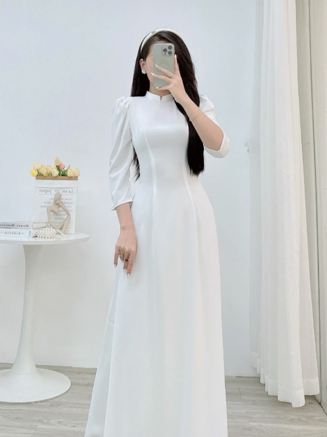 T471 -Only áo - Áo dài lụa mỹ trắng trơn tay bồng