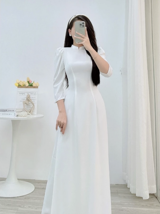 T471 -Only áo - Áo dài lụa mỹ trắng trơn tay bồng