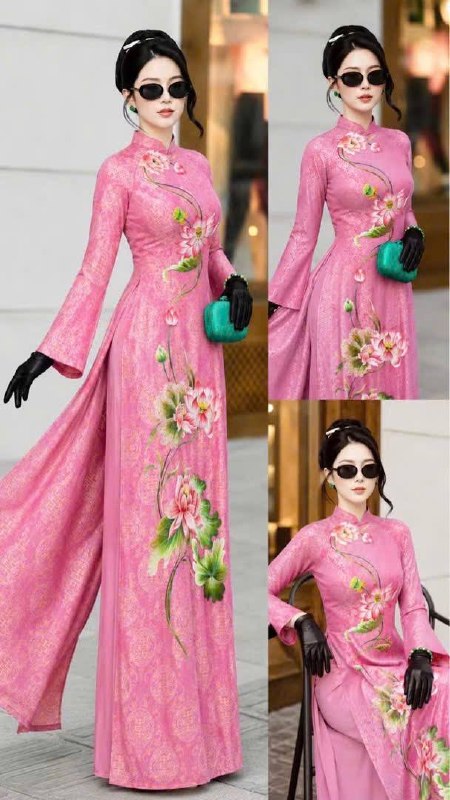 K222 Áo only no pants - Áo dài dáng truyền thống lụa gấm thọ dơi thêu sen