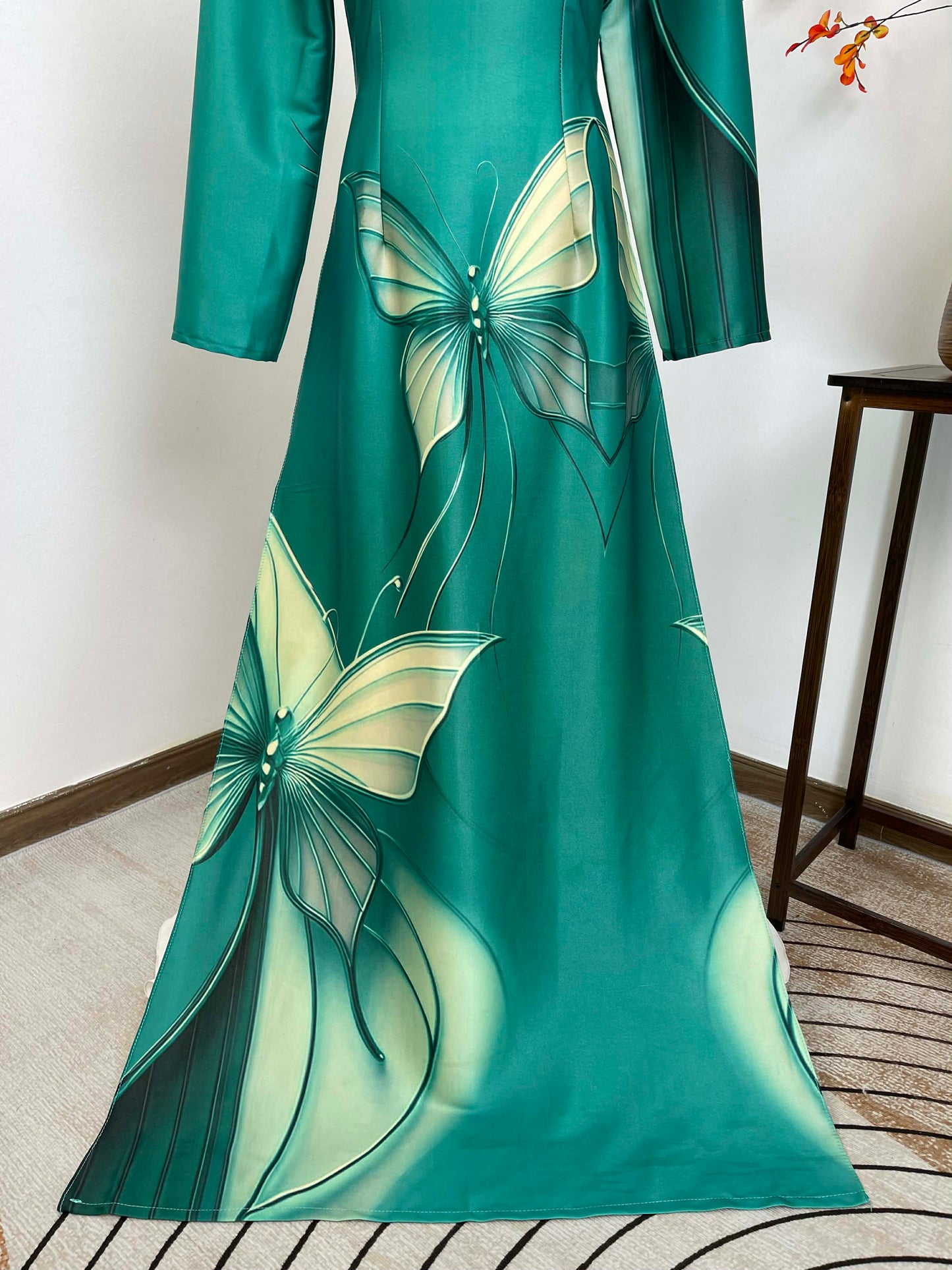 H460 1910 Áo only - Áo dài lụa ánh sao màu xanh in cánh bướm