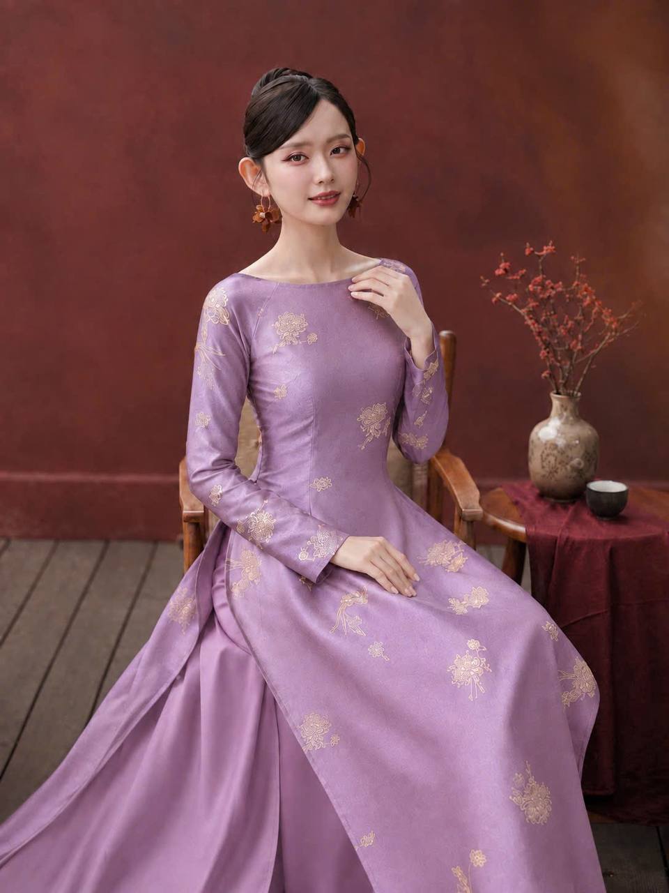 K192 Áo only no pants - Áo dài dáng truyền thống chiết li eo lụa tằm sen dạ cúc cổ thuyền màu tím cà