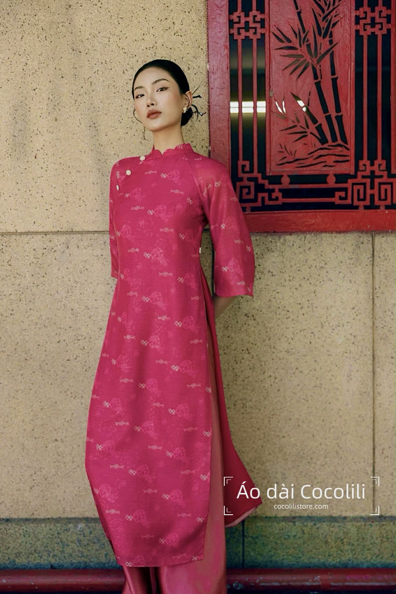 M348 Áo hồng sen + quần hồng - Áo dài tơ dáng suông 4 tà