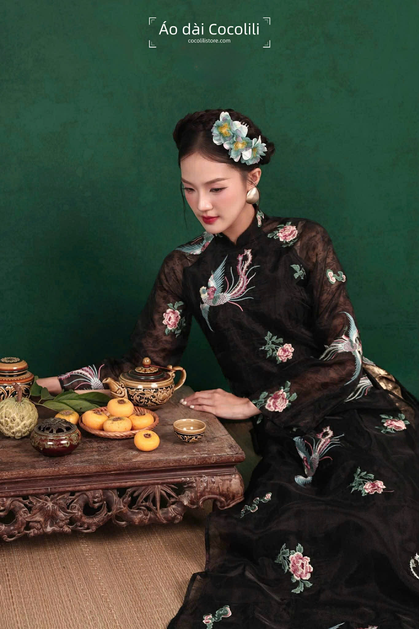 M351 Áo + quần nhũ vàng - Áo dài tơ thêu dáng suông 4 tà