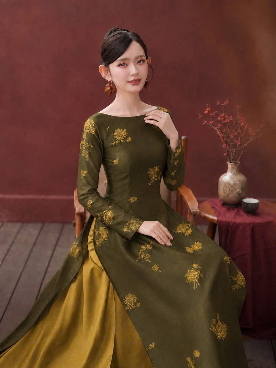 K191 Áo only no pants - Áo dài dáng truyền thống chiết li eo lụa tằm sen dạ cúc cổ thuyền màu nâu đồng