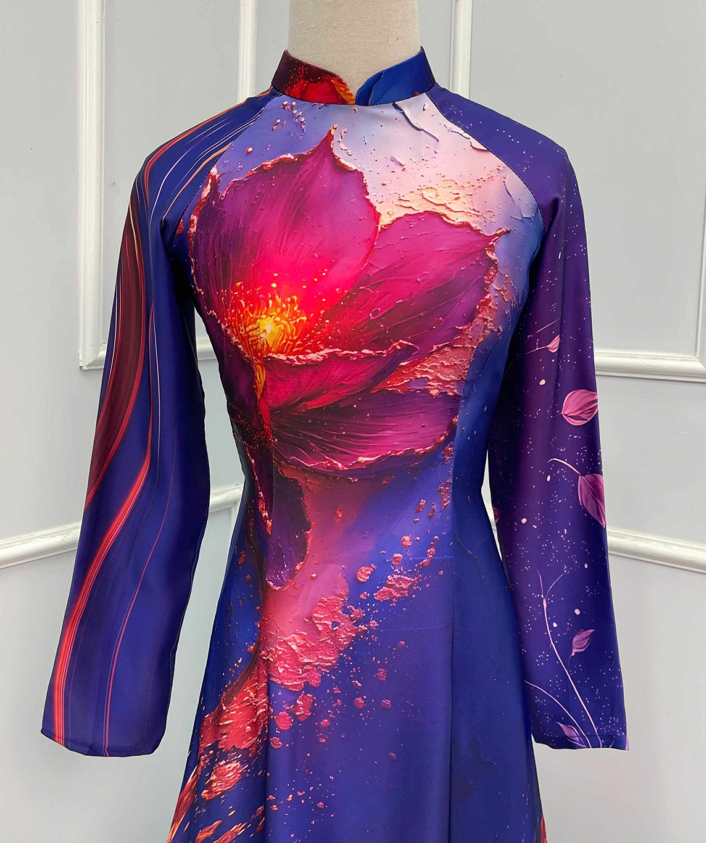 H313 1505 Áo only - Áo dài lụa ánh sao thiết kế 2 da màu tím hoa