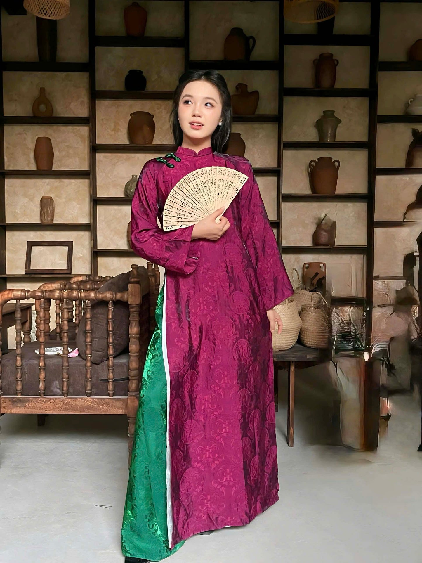 H508 1995 Áo + quần tằm - Áo dài dáng suông tằm ánh kim thọ dơi 4 tà màu tím cẩm