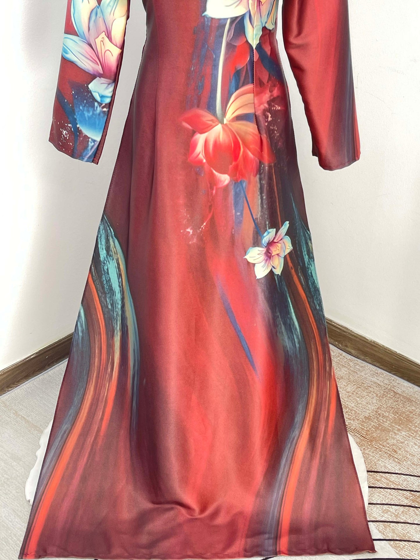 H482 1962 Áo only - Áo dài lụa ánh sao loang đỏ đậm in hoa