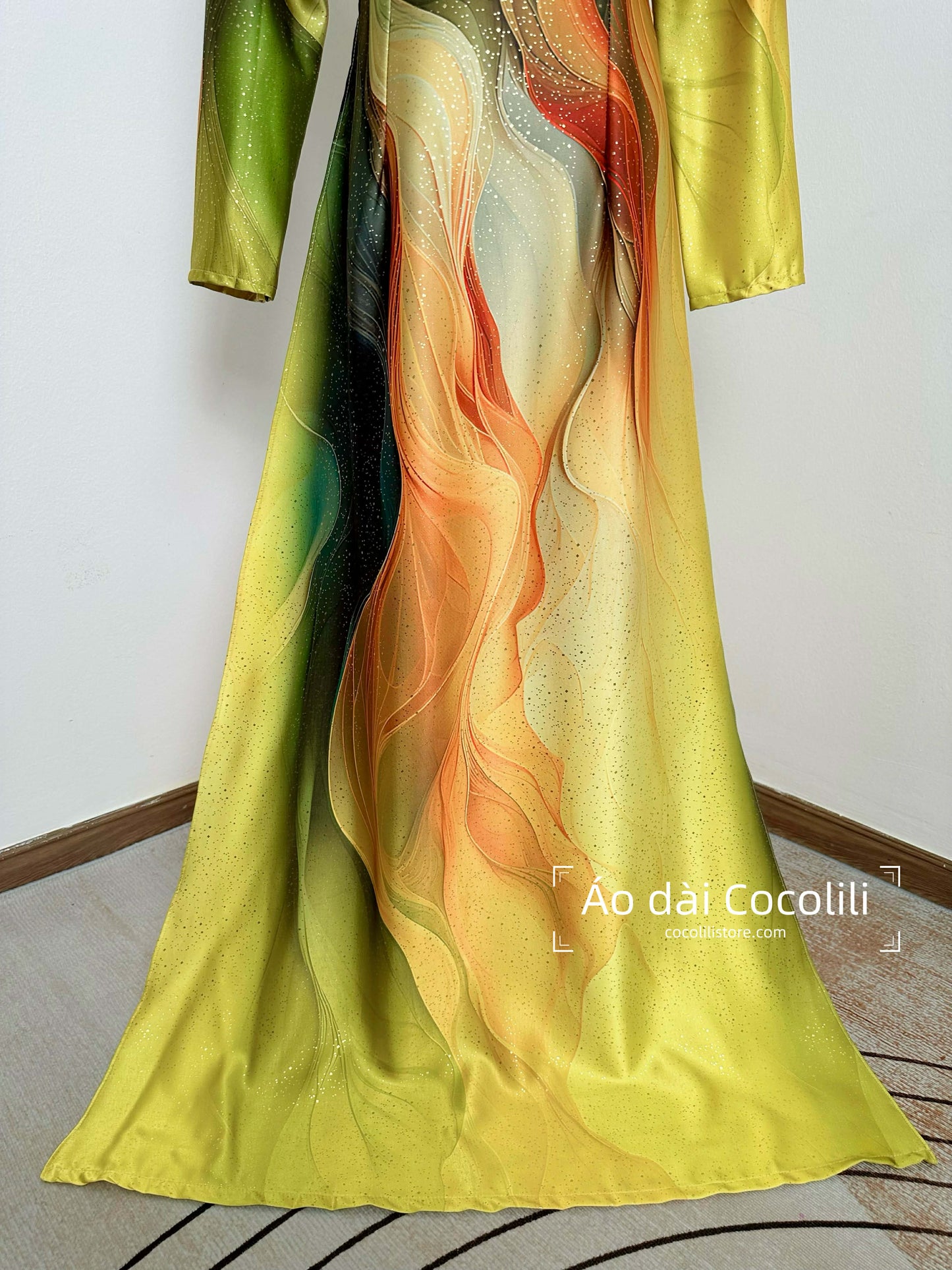 H643 Áo only no pants - Áo dài dáng truyền thống chiết li màu xanh cốm