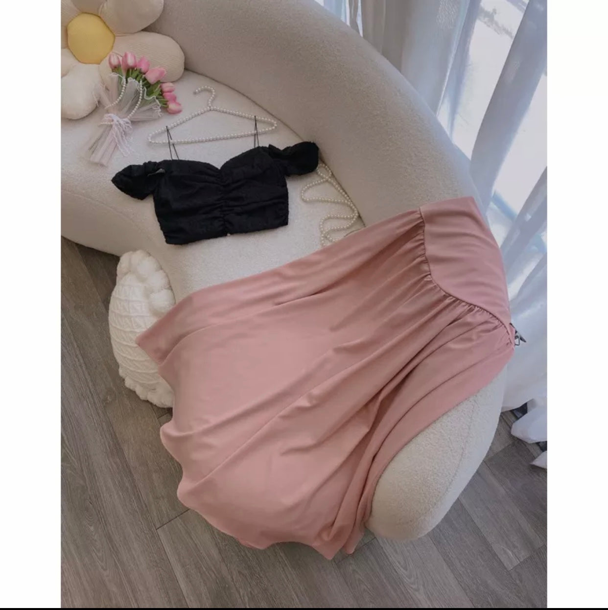 VX06 VX07 4354 - Set áo trễ vai croptop + chân váy