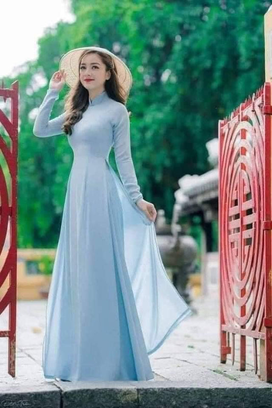 C11 Áo + quần - Áo dài chiffon 4 tà màu xanh da trời