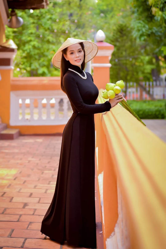 C04 Áo + quần - Áo dài lụa chiffon 4 tà màu đen trơn cổ cao 3cm