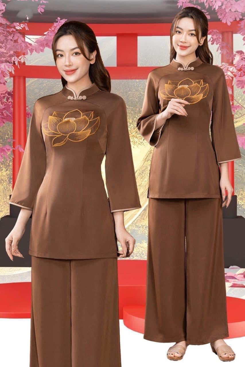 PP06 Áo + quần - Bộ pháp phục thêu hoa sen màu nâu