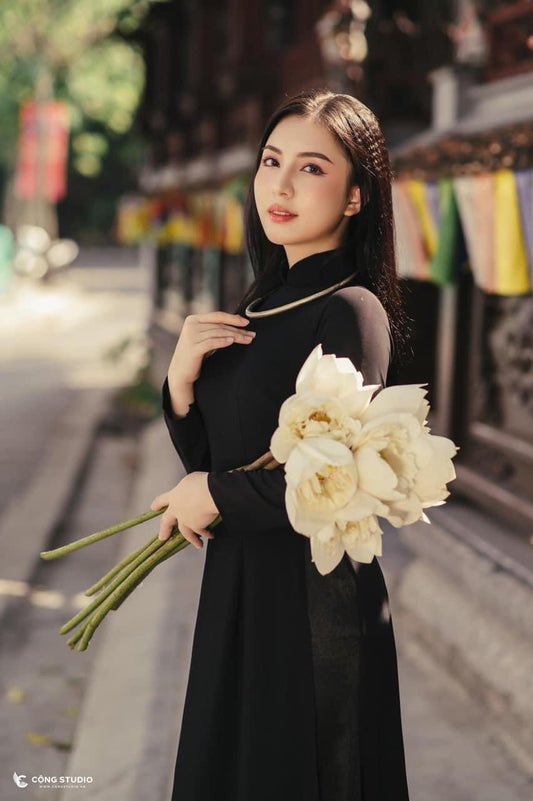 C04 Áo + quần - Áo dài lụa chiffon 4 tà màu đen trơn cổ cao 3cm