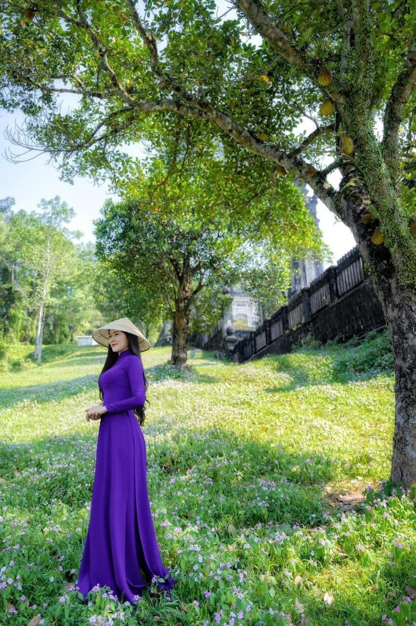 C10 Áo + quần - Áo dài chiffon 4 tà màu tím huế