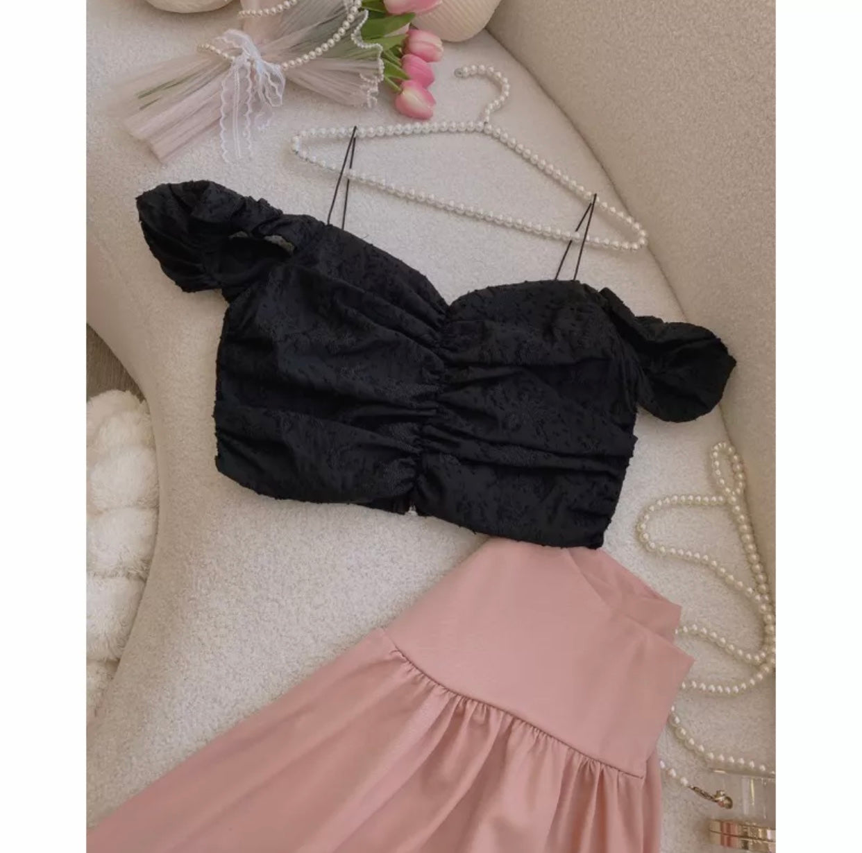 VX06 VX07 4354 - Set áo trễ vai croptop + chân váy