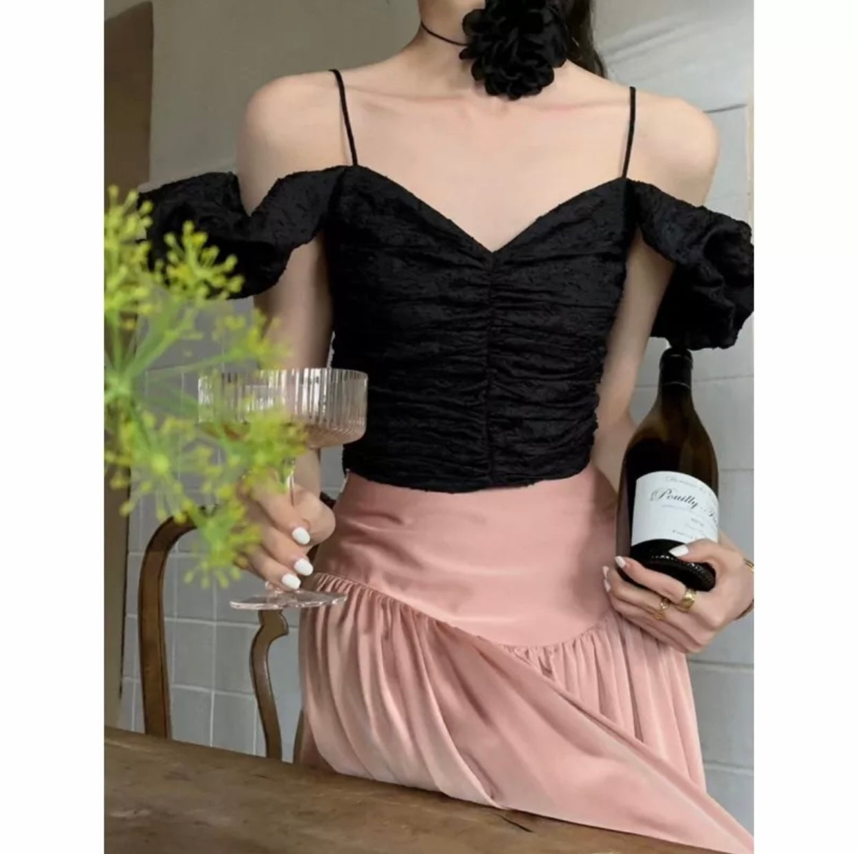 VX06 VX07 4354 - Set áo trễ vai croptop + chân váy