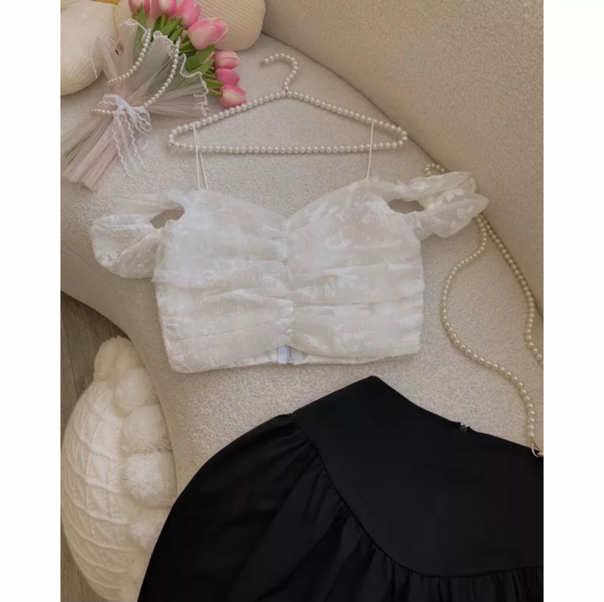 VX06 VX07 4354 - Set áo trễ vai croptop + chân váy