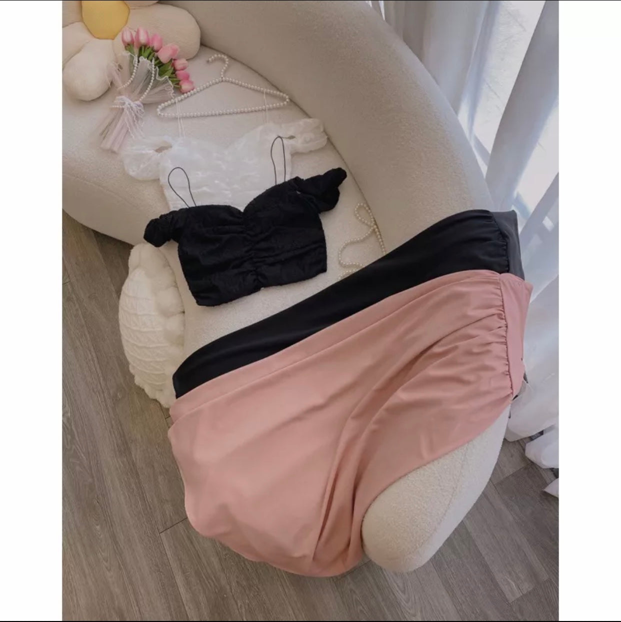 VX06 VX07 4354 - Set áo trễ vai croptop + chân váy