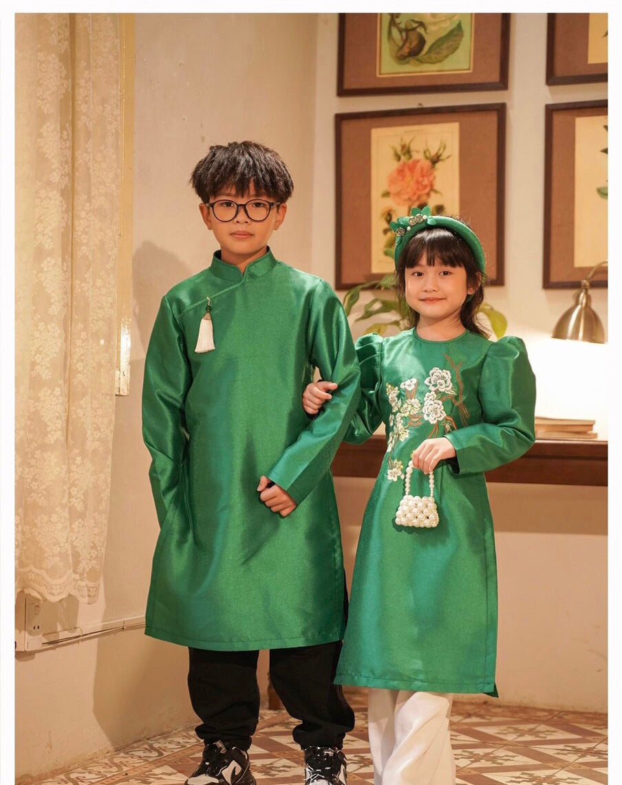 Pre-Order (3-5 tuần) BL124 Áo only - Áo dài bé Trai màu xanh lá tafta