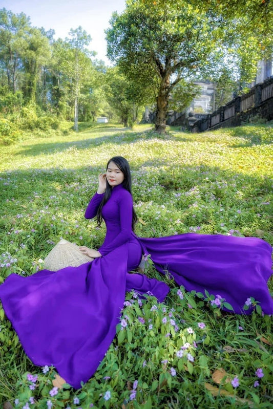 C10 Áo + quần - Áo dài chiffon 4 tà màu tím huế